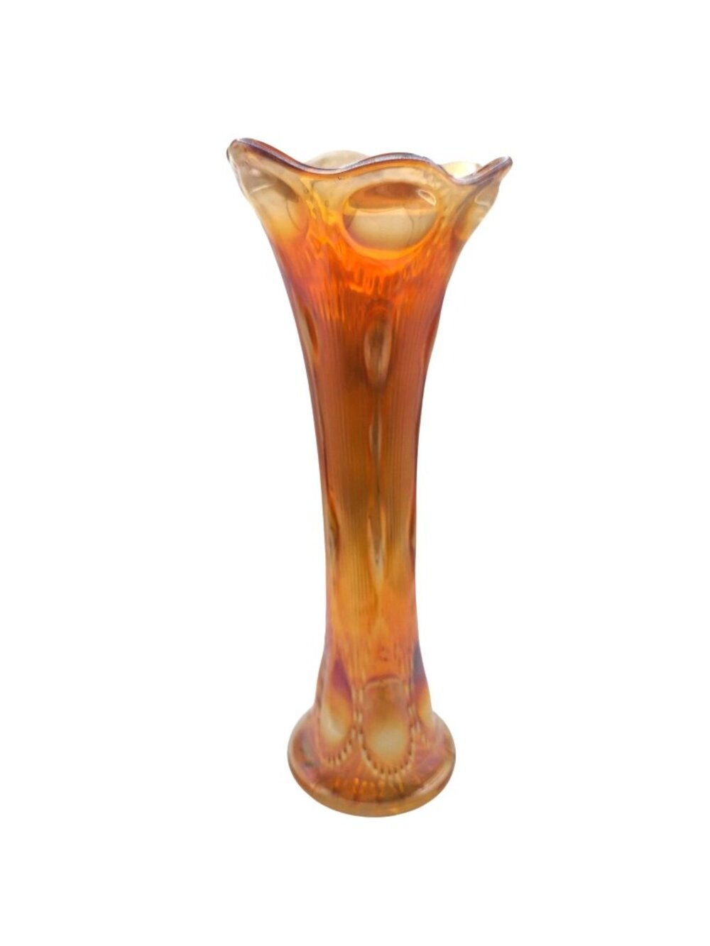 Imperial Carnival Glass Swung Vase 11" Beaded Bullseye Marigold Orange Antique